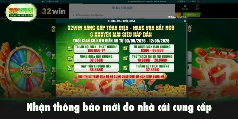 Nhận thông báo mới do nhà cái cung cấp